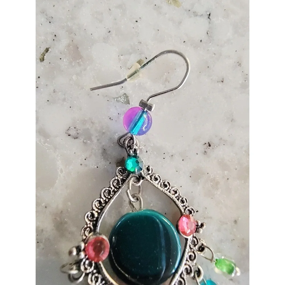 Boho Chic Dangle Earrings‎ Silver Tone Colorful Bead Statement Jewelry